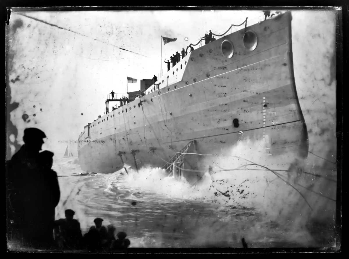 The launch of HMS Vanguard, 1909