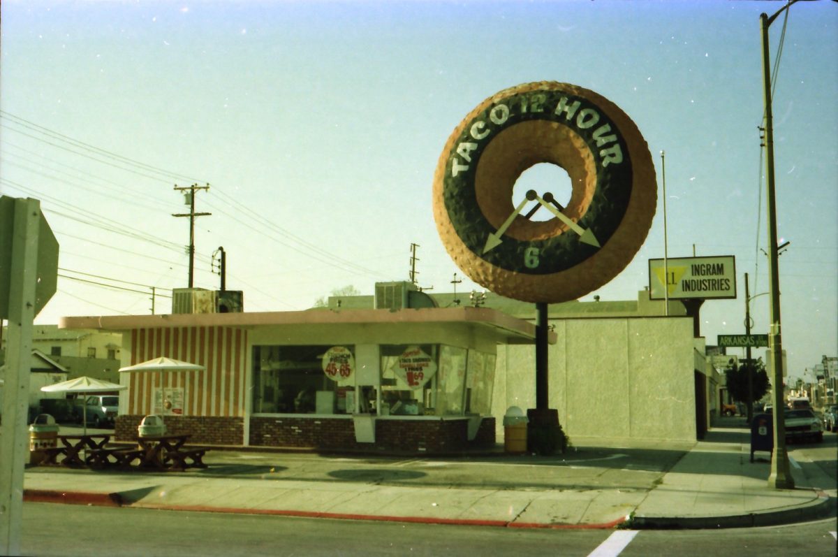Taco Hour, Bellflower CA Originally part of the Big Donut Drive In chain, added the clock element to turn it into a Taco place, now Bellfower Bagels. Photo taken 1980