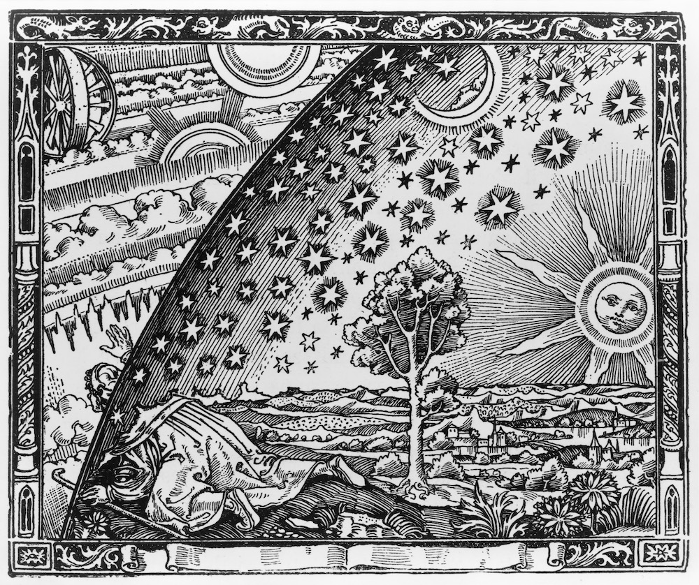 The Flammarion engraving is a wood engraving by an unknown artist that first appeared in Camille Flammarion's L'atmosphère: météorologie populaire (1888). The image depicts a man crawling under the edge of the sky, depicted as if it were a solid hemisphere, to look at the mysterious Empyrean beyond. The caption translates to "A medieval missionary tells that he has found the point where heaven and Earth meet..."