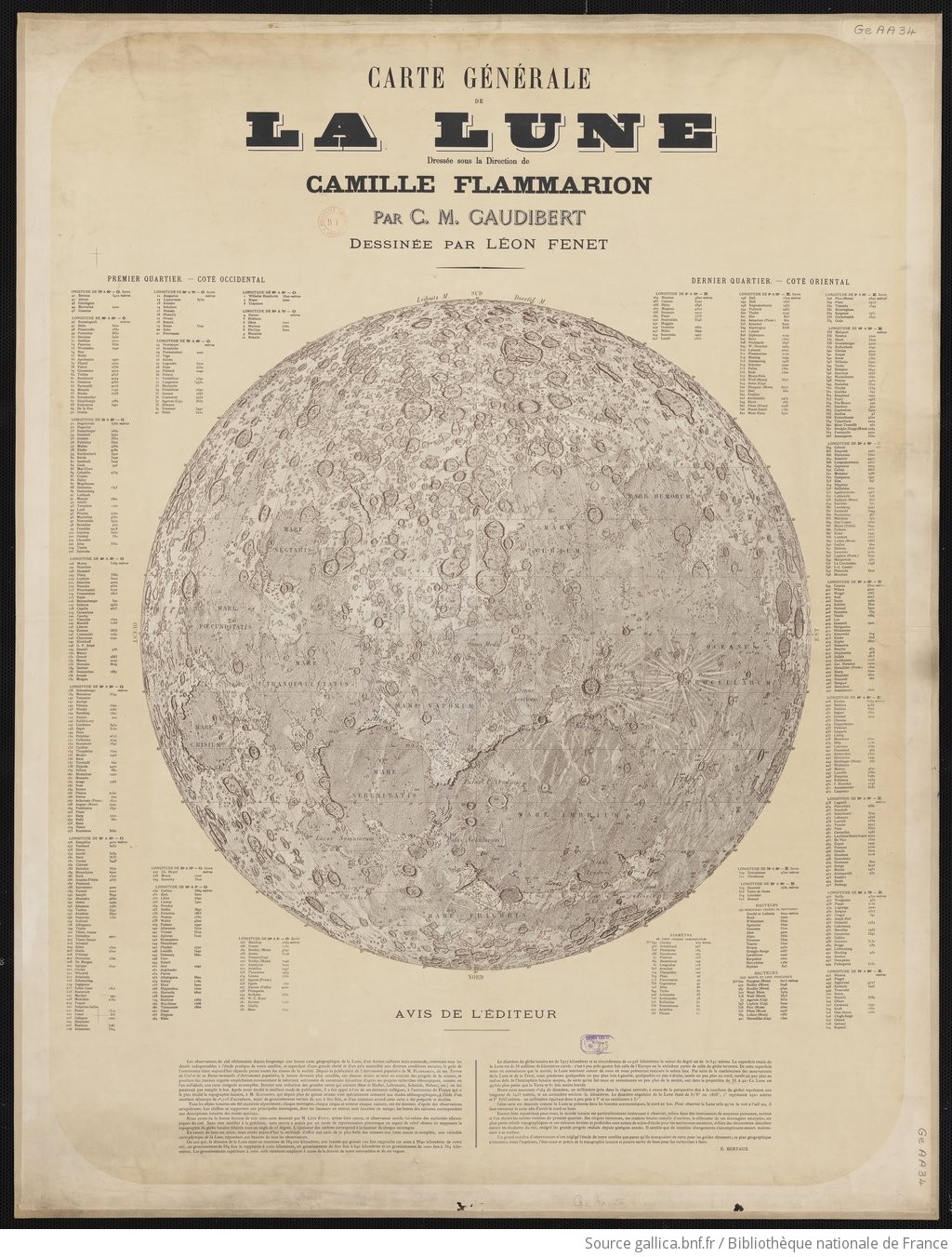 Carte générale de la lune / dressée sous la direction de Camille Flammarion ; par C.-M. Gaudibert ; dessinée par Léon Fenet