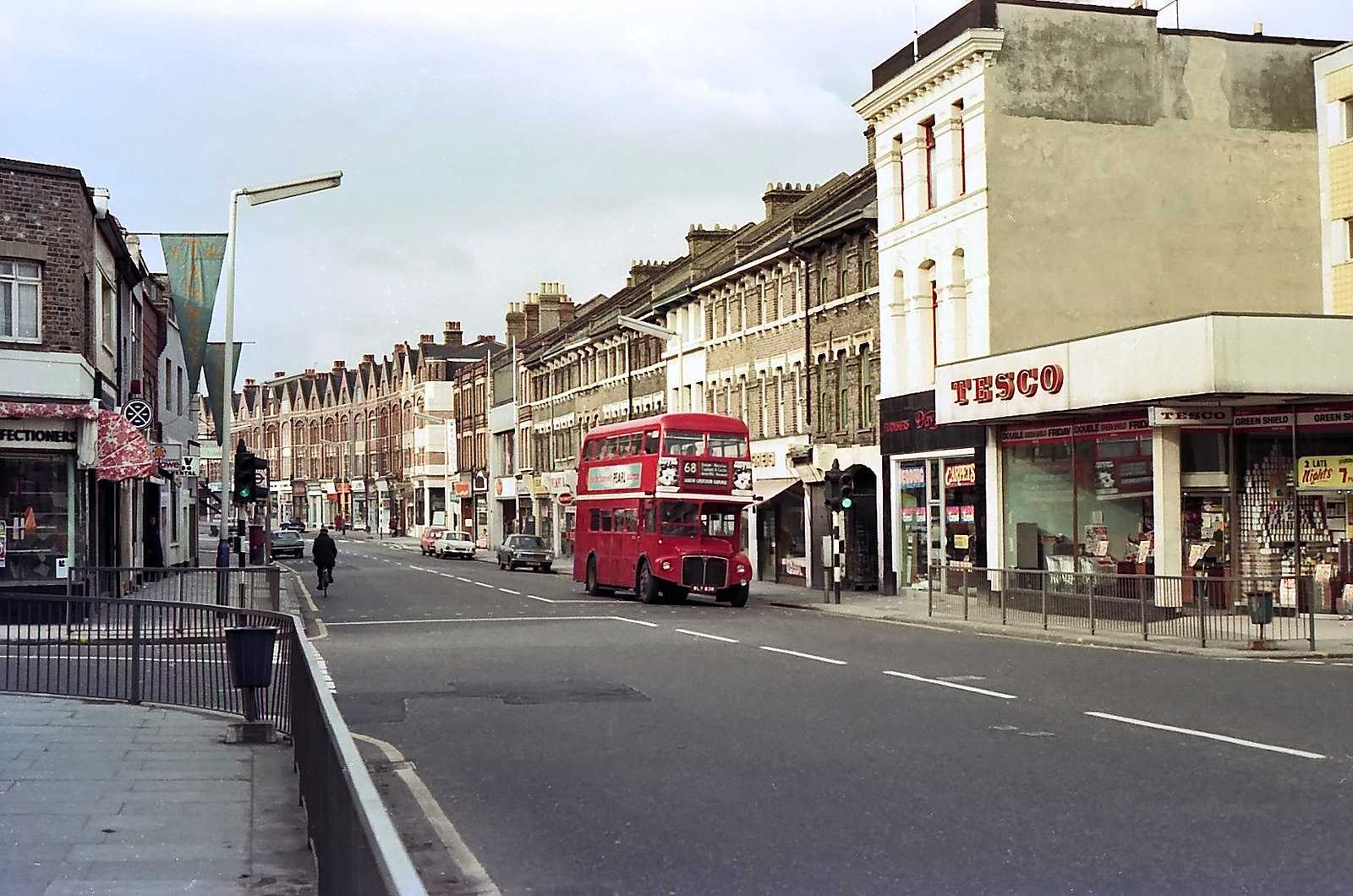 Knights Hill Road, West Norwood with AEC Routemaster No. RM838 on route 68 to South Croydon garage. 16th March, 1975.