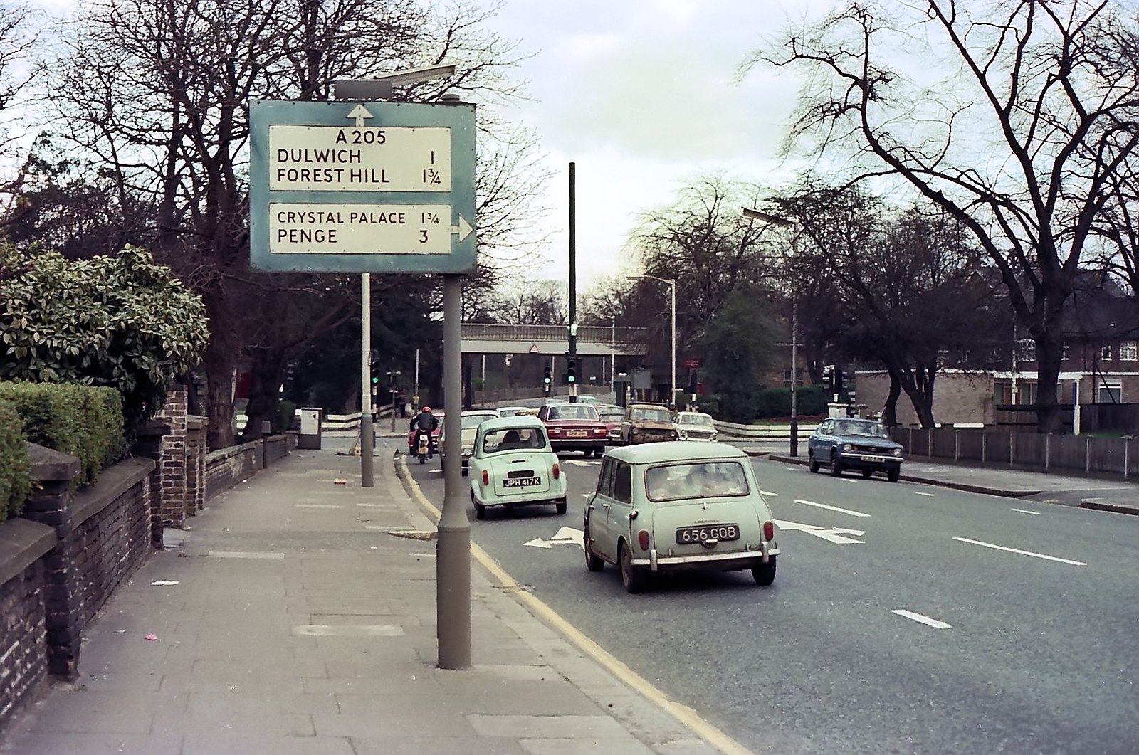 Thurlow Park Road at the junction with Croxted Road, London SE21. 16th March 1975.
