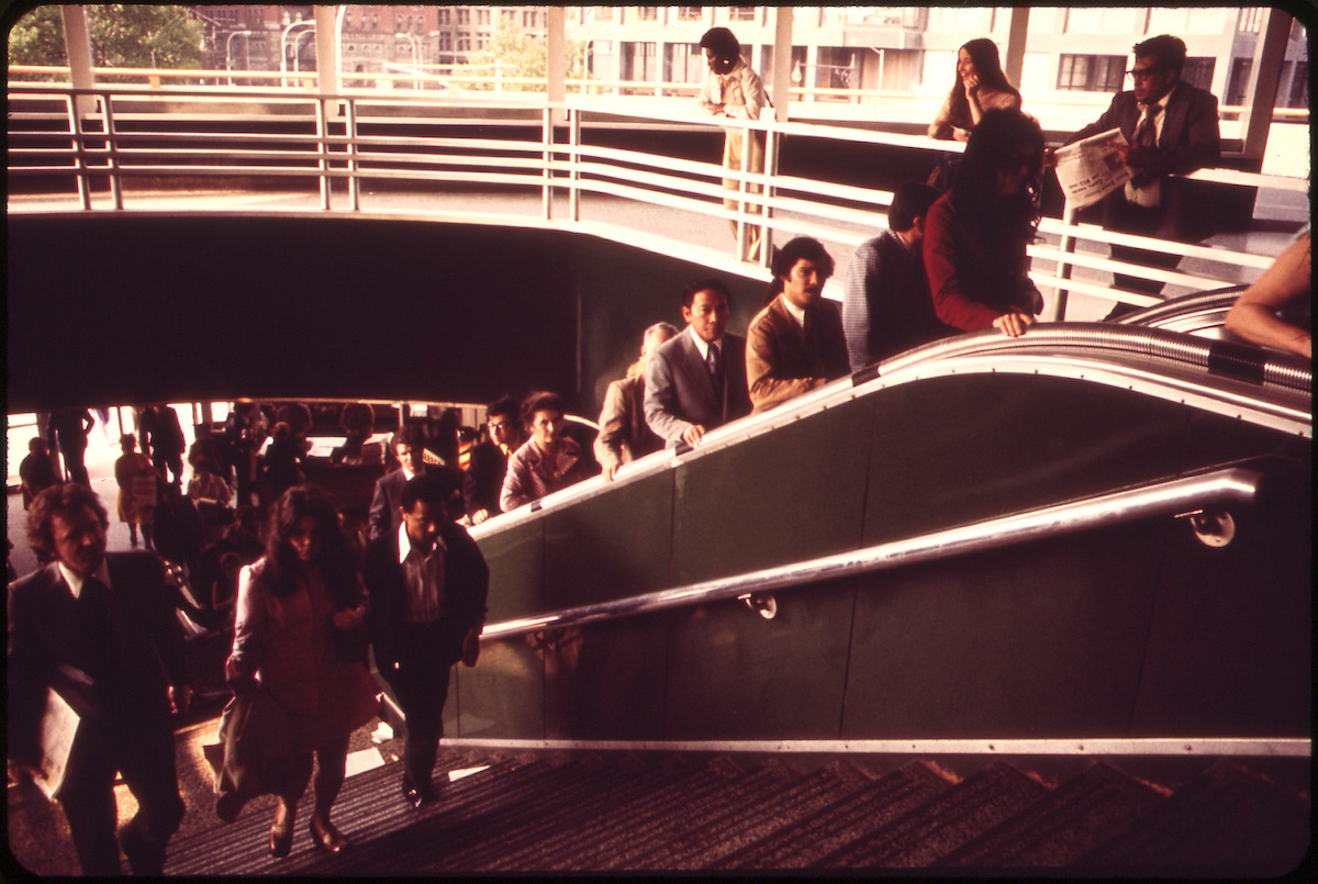Commuters at the Staten Island Ferry Terminal in Lower Manhattan's Battery Park Area 05/1973