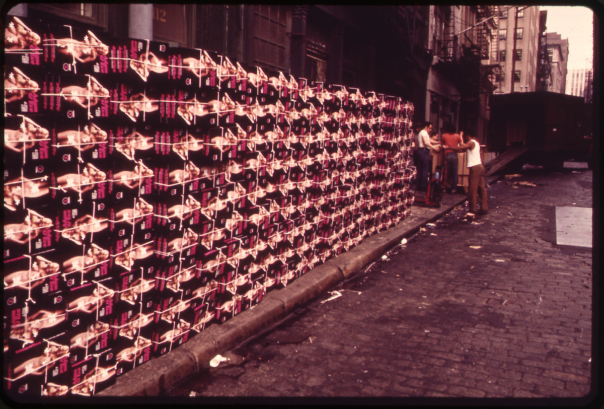 Freight Handlers with Stack of Boxed Women's Wear Outside Warehouse on Reade Street, Lower Manhattan--Looking East From West Broadway 05/1973