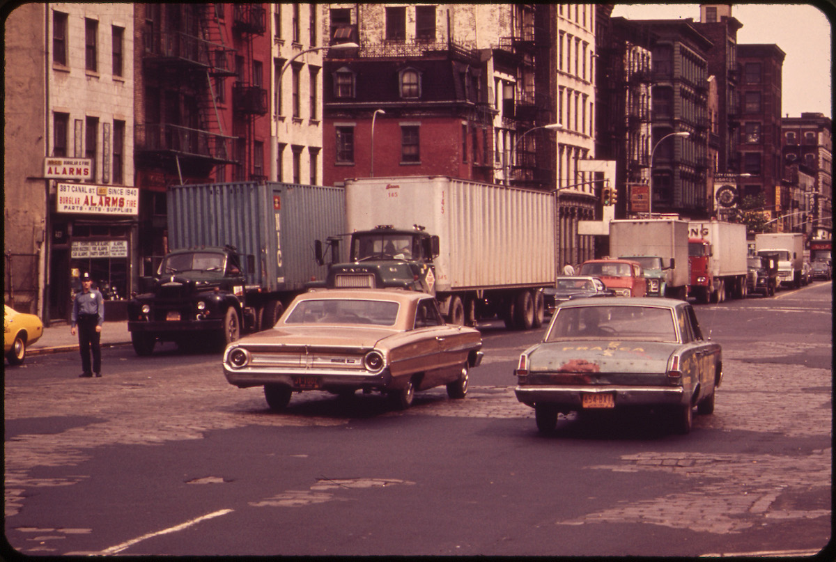 Holland Tunnel Traffic Is Lined Up on Canal Street 05/1973