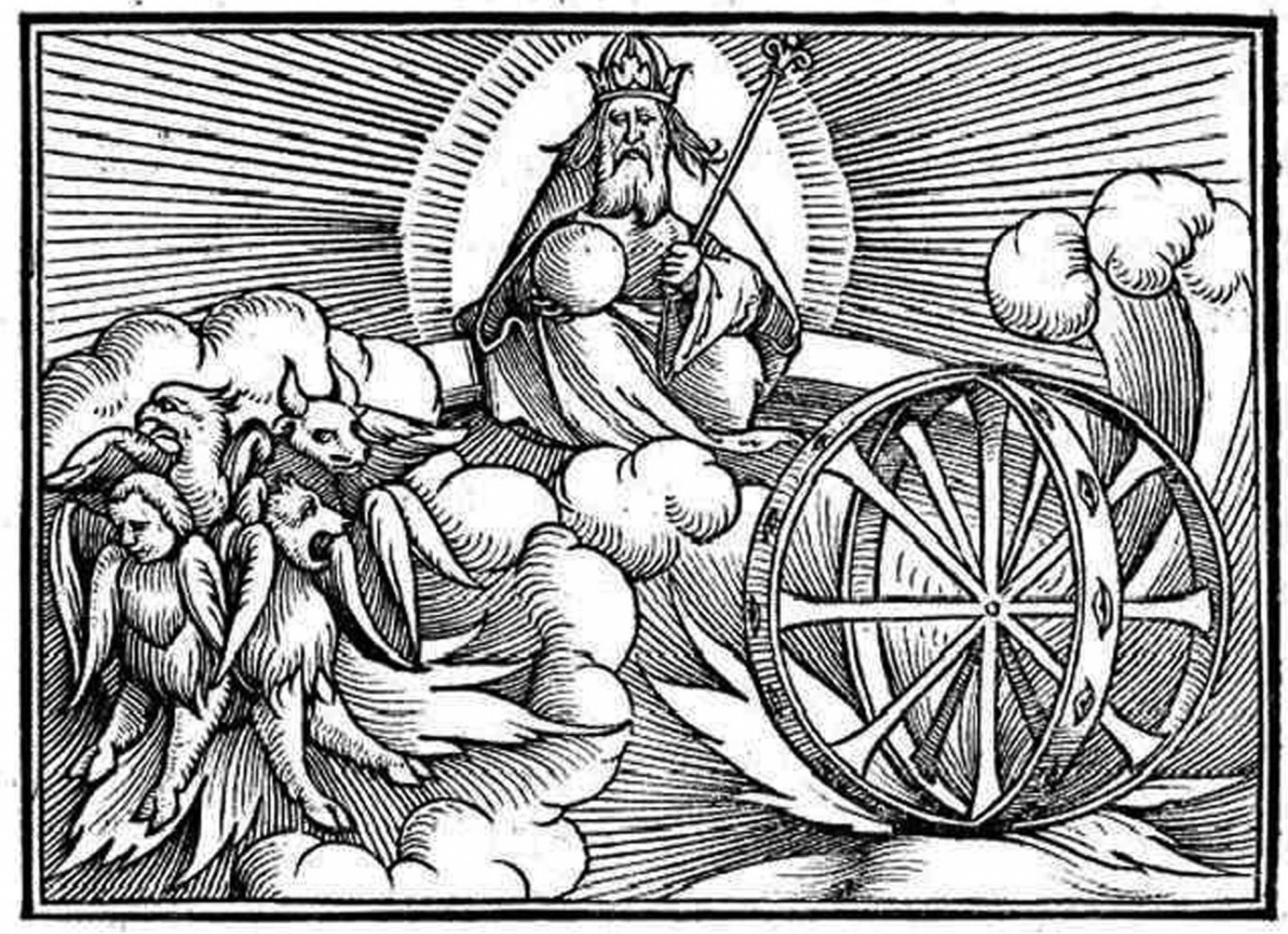 Hans Holbein the Younger, Ezekiel’s vision of God, the four living creatures, and a wheel within a wheel, published in Historiarum veteris instrumenti icones ad vivum expressae (1538).