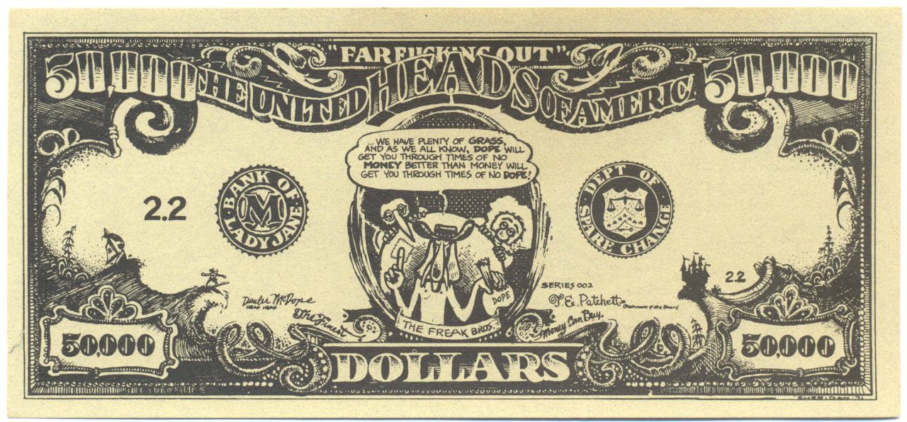 A #FabulousFurryFreakBrothers $50,000 bill design by #DaveSheridan from 1971.