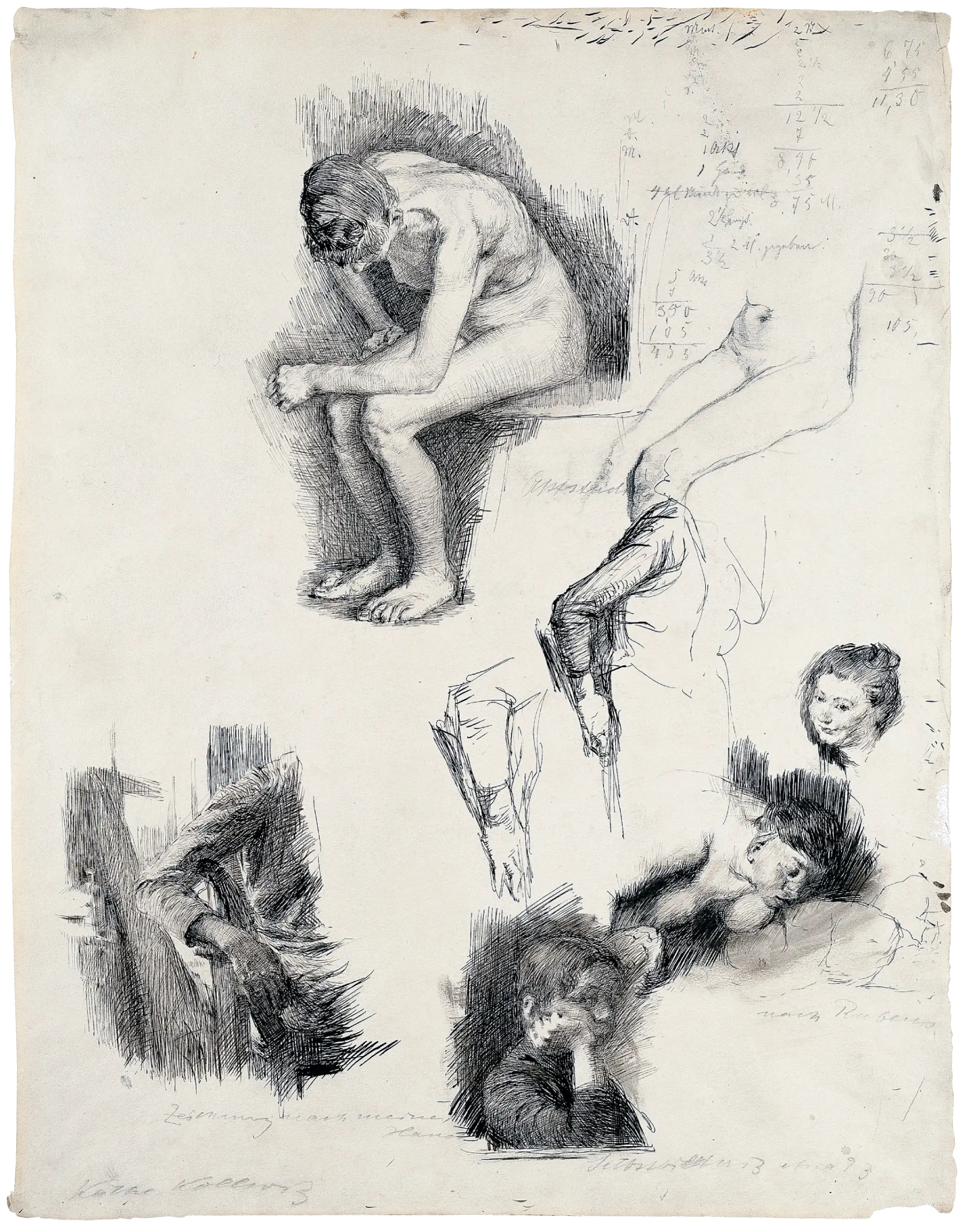 Käthe Kollwitz, Study Sheet with Sketches, after Rubens and self-portrait, 1890:91