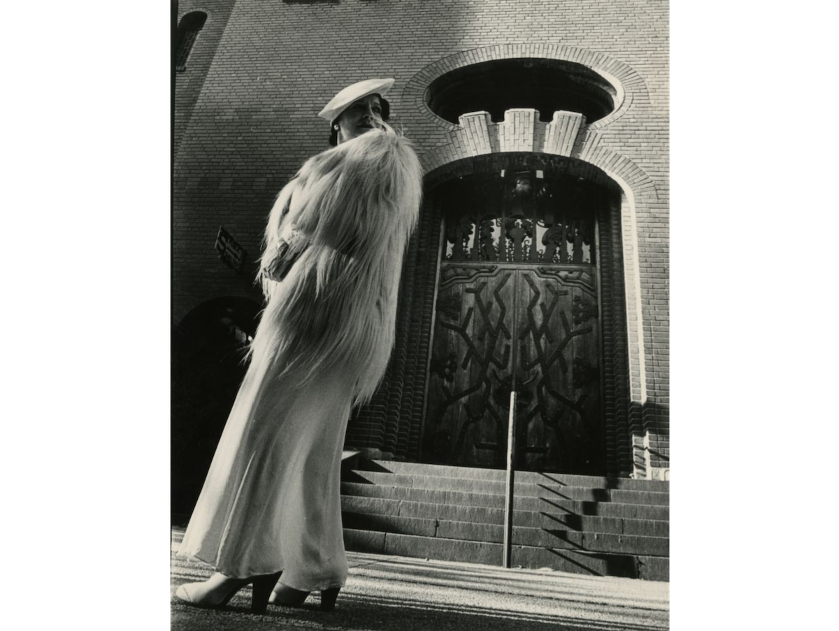 Trinity Baptist Church (built circa 1931). Trinity Baptist Church, 250 East 61st St., art nouveau detailing. Model in mid-1930's fashion - white monkey fur jacket and crepe bias-cut dress.