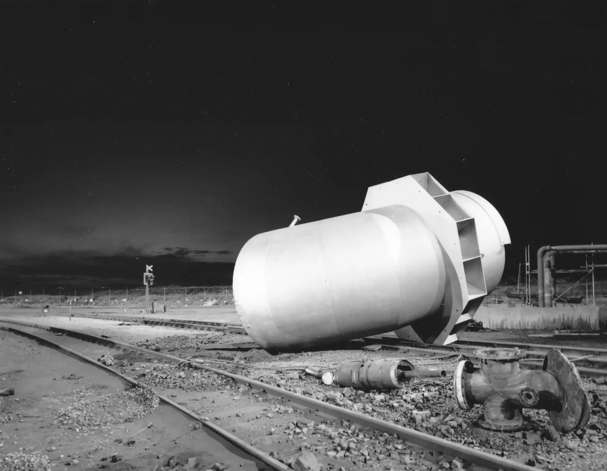 A temporary sculpture of a new pipe bend for the furnace gas capture system on the Redcar No 1 blast furnace during a major rebuild of the furnace, Teesside, 2000