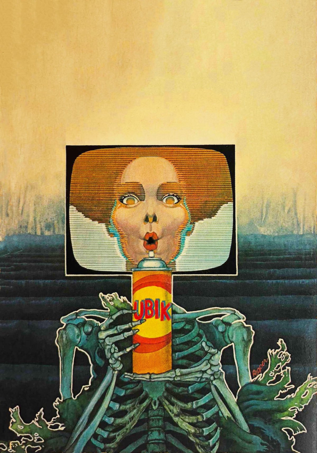 Bob Pepper’s cover art, dressed & undressed, for the 1982 paperback reissue of Philip K. Dick’s 1969 novel “Ubik”.