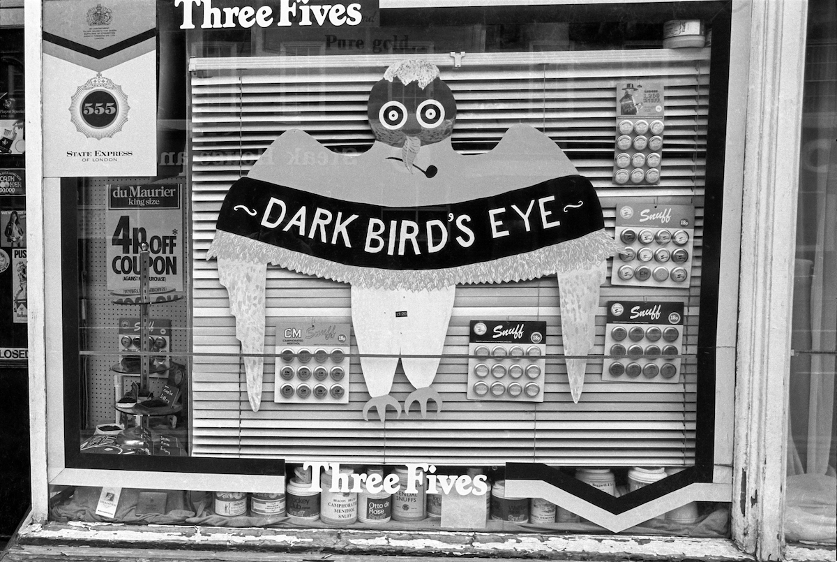 Dark Birds Eye, tobacconist's window, Anlaby Rd, Hull, 1981