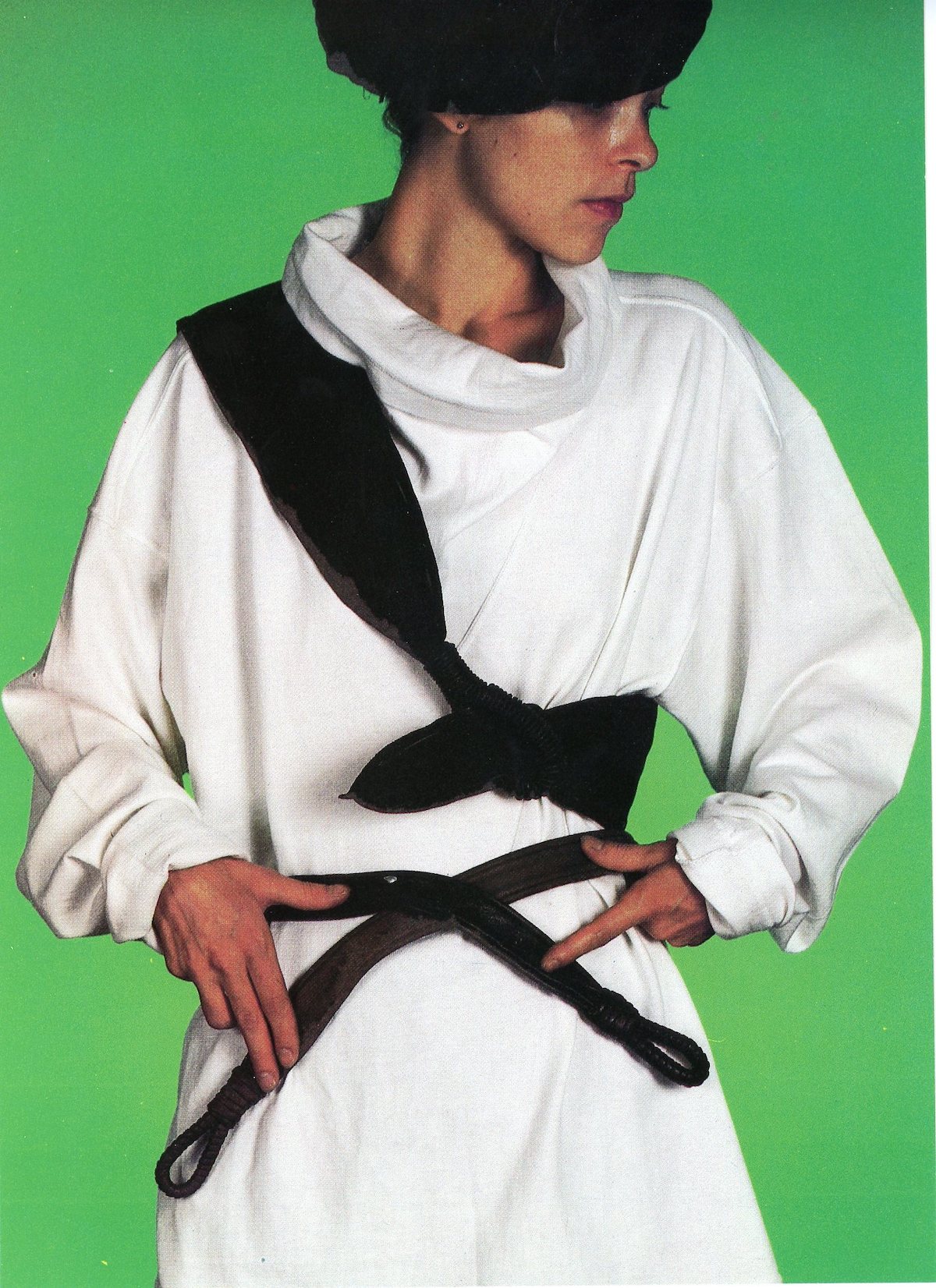 Postcard #7 for Dianne B.’s Christmas Catalogue, 1983. Photo by Neil Winokur. Oh Issey – The cowl neck, the belts.