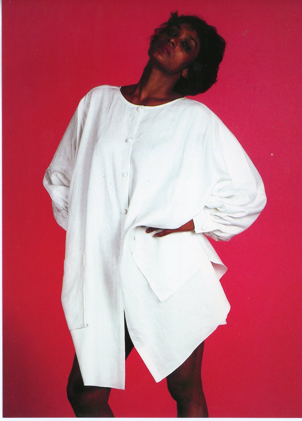 Postcard #8 for Dianne B.’s Christmas Catalogue, 1983. Photo by Neil Winokur. White linen Kazuyuki Moriyama, Dianne B.