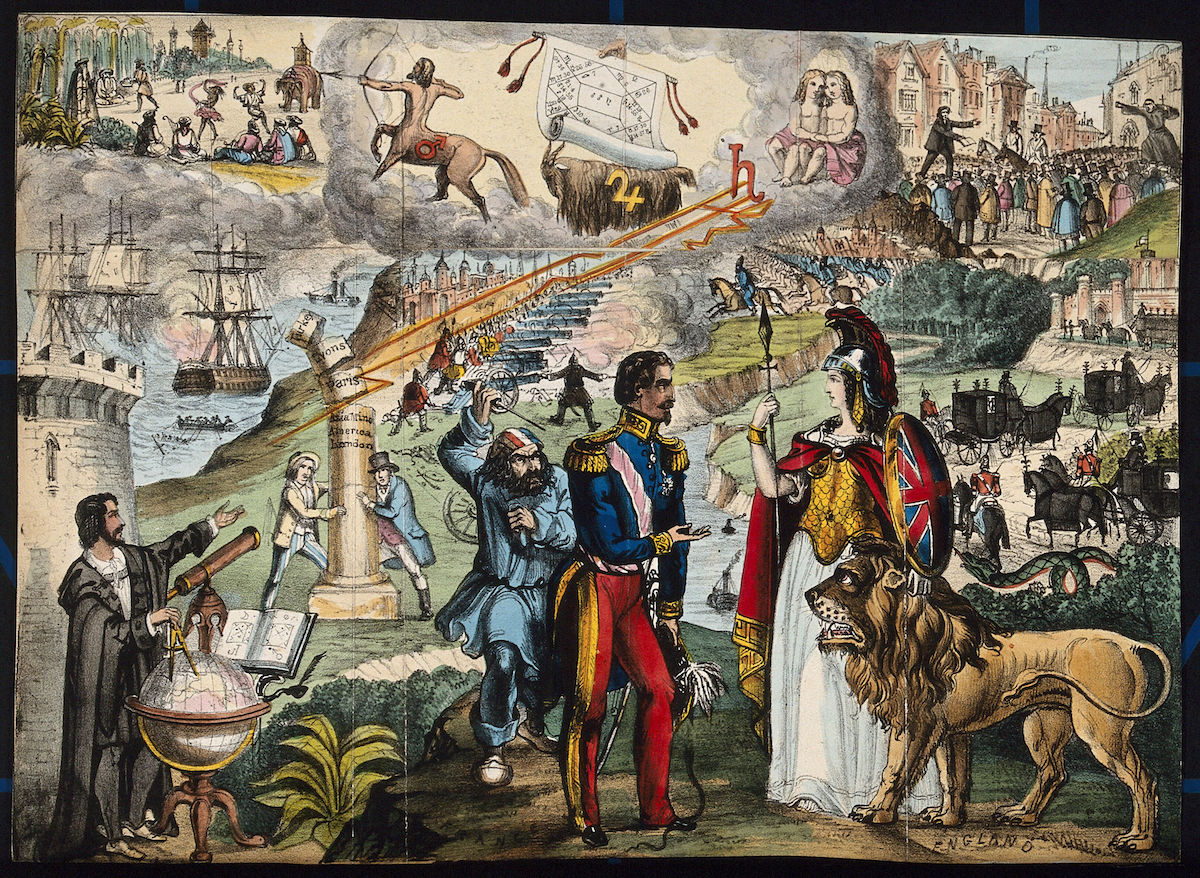 Astronomy- various apocalyptic scenes, including a flogging, a mob by the Palace of Westminster [?], a soldier being cashiered, and a paddle-steamer exploding on the Nile. Coloured lithograph