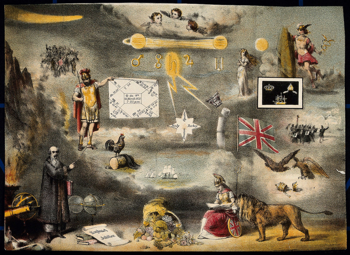 Astronomy- various apocalyptic scenes, including a flogging, a mob by the Palace of Westminster [?], a soldier being cashiered, and a paddle-steamer exploding on the Nile. Coloured lithograph