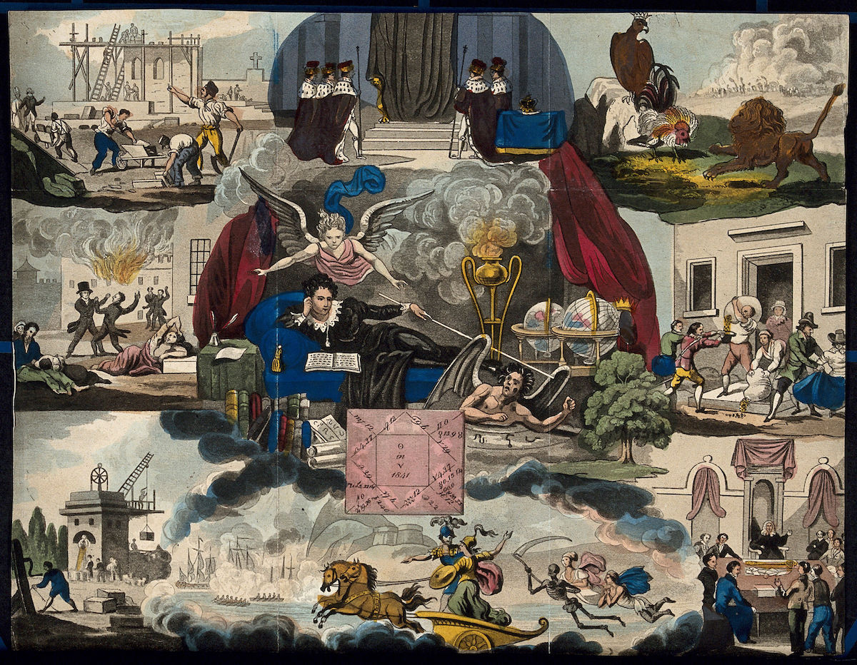 Astronomy- various apocalyptic scenes, including a flogging, a mob by the Palace of Westminster [?], a soldier being cashiered, and a paddle-steamer exploding on the Nile. Coloured lithograph