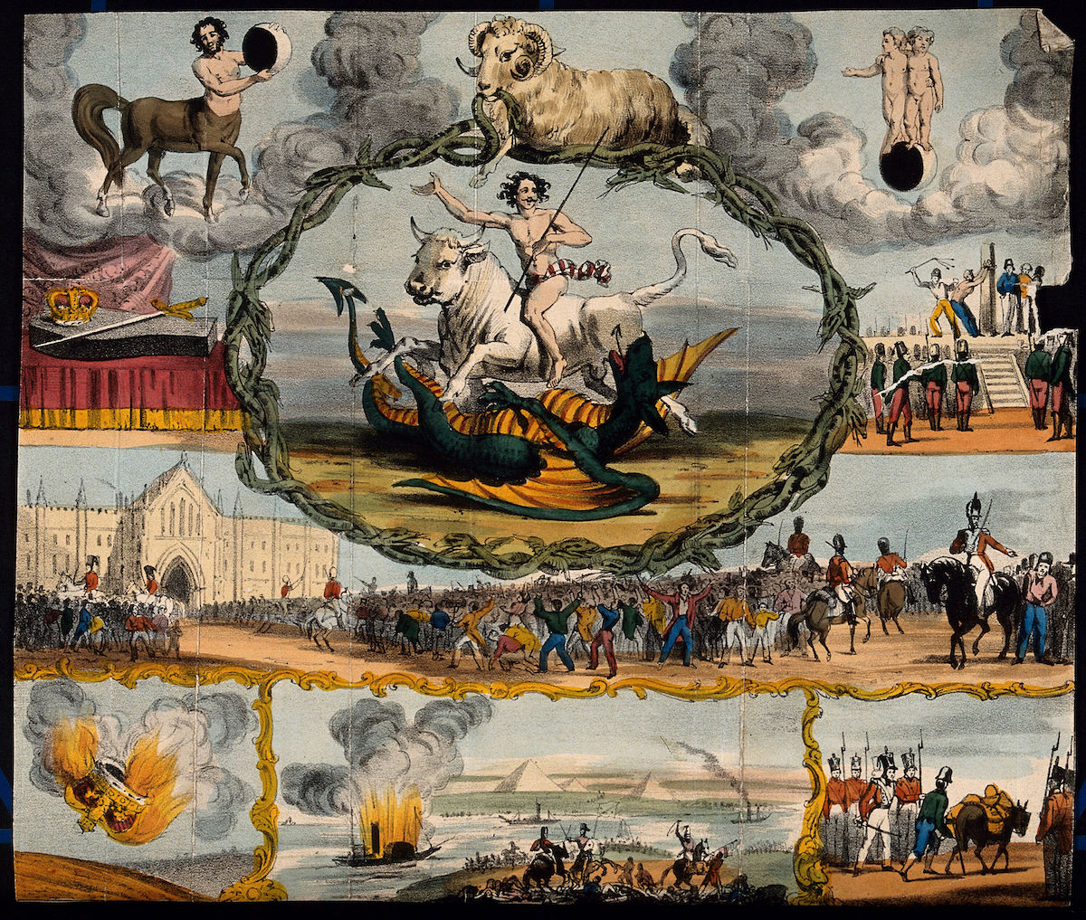 Astronomy- various apocalyptic scenes, including a flogging, a mob by the Palace of Westminster [?], a soldier being cashiered, and a paddle-steamer exploding on the Nile. Coloured lithograph