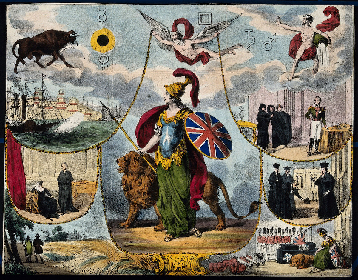 Astronomy- various apocalyptic scenes, including a flogging, a mob by the Palace of Westminster [?], a soldier being cashiered, and a paddle-steamer exploding on the Nile. Coloured lithograph