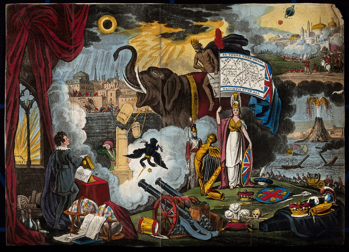 Astronomy- various apocalyptic scenes, including a flogging, a mob by the Palace of Westminster [?], a soldier being cashiered, and a paddle-steamer exploding on the Nile. Coloured lithograph