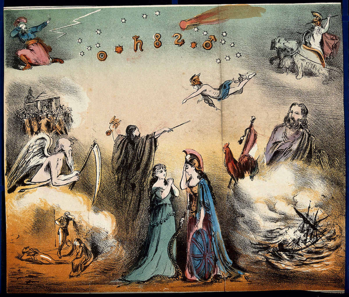 Astronomy- various apocalyptic scenes, including a flogging, a mob by the Palace of Westminster [?], a soldier being cashiered, and a paddle-steamer exploding on the Nile. Coloured lithograph