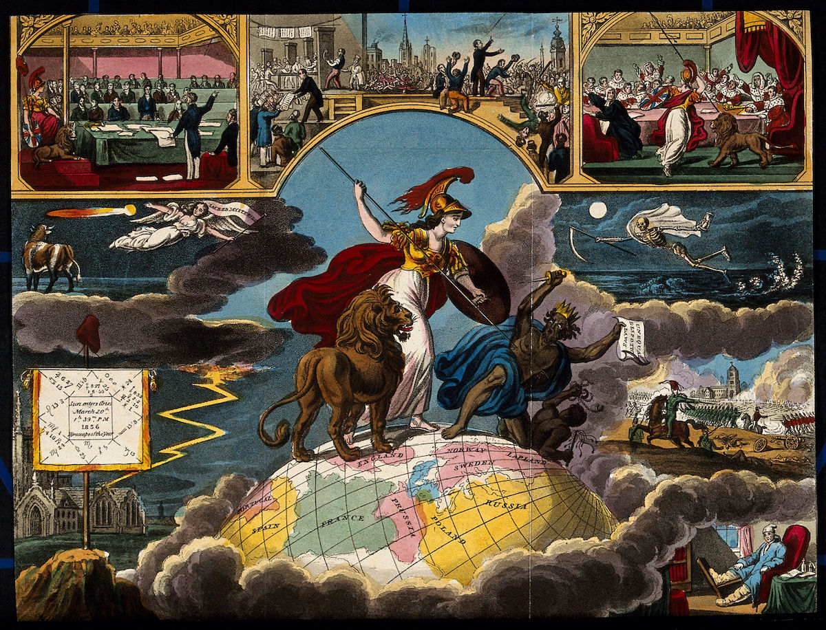 Astronomy- various apocalyptic scenes, including a flogging, a mob by the Palace of Westminster [?], a soldier being cashiered, and a paddle-steamer exploding on the Nile. Coloured lithograph