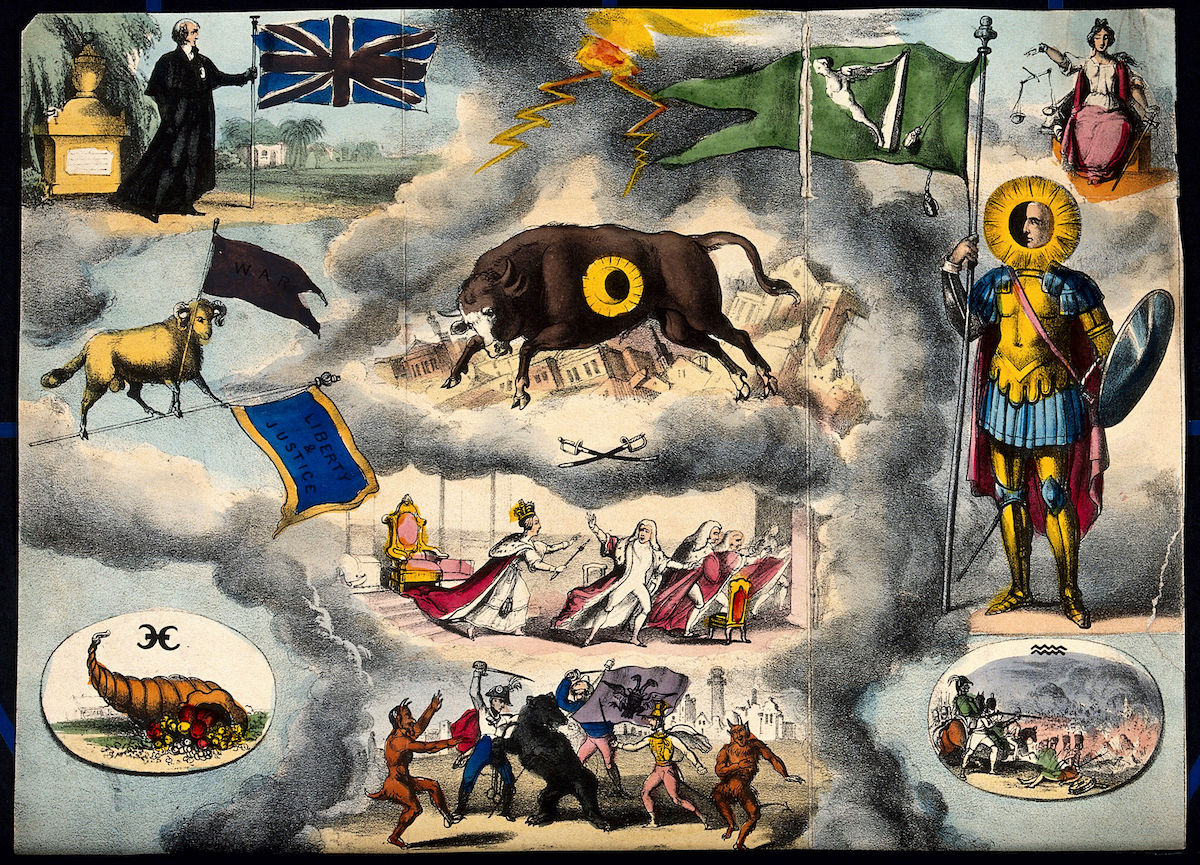 Astronomy- various apocalyptic scenes, including a flogging, a mob by the Palace of Westminster [?], a soldier being cashiered, and a paddle-steamer exploding on the Nile. Coloured lithograph