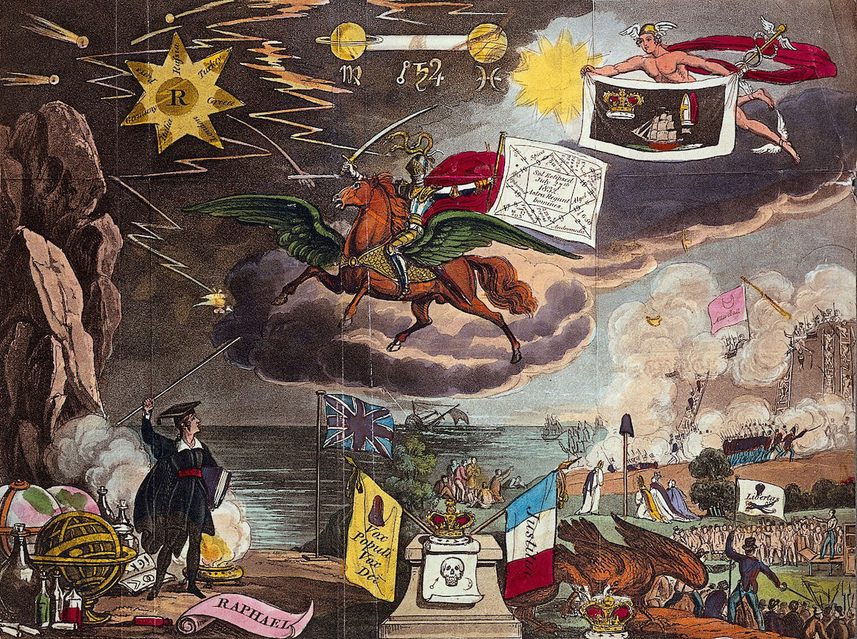 Astronomy- various apocalyptic scenes, including war, and shipwreck. Coloured lithograph, [c.1832?]