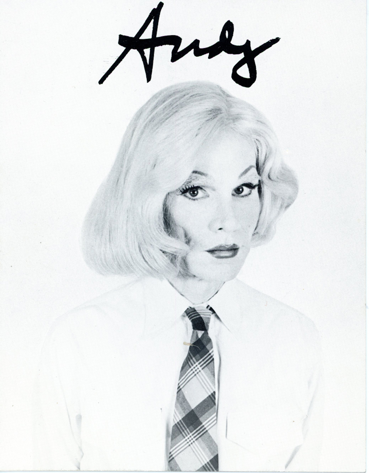 “Andy Warhol” (1982), Photo by Christopher Makos, Folded Card for the Exhibition Photographs of Andy, Ronald Feldman Gallery, 1989