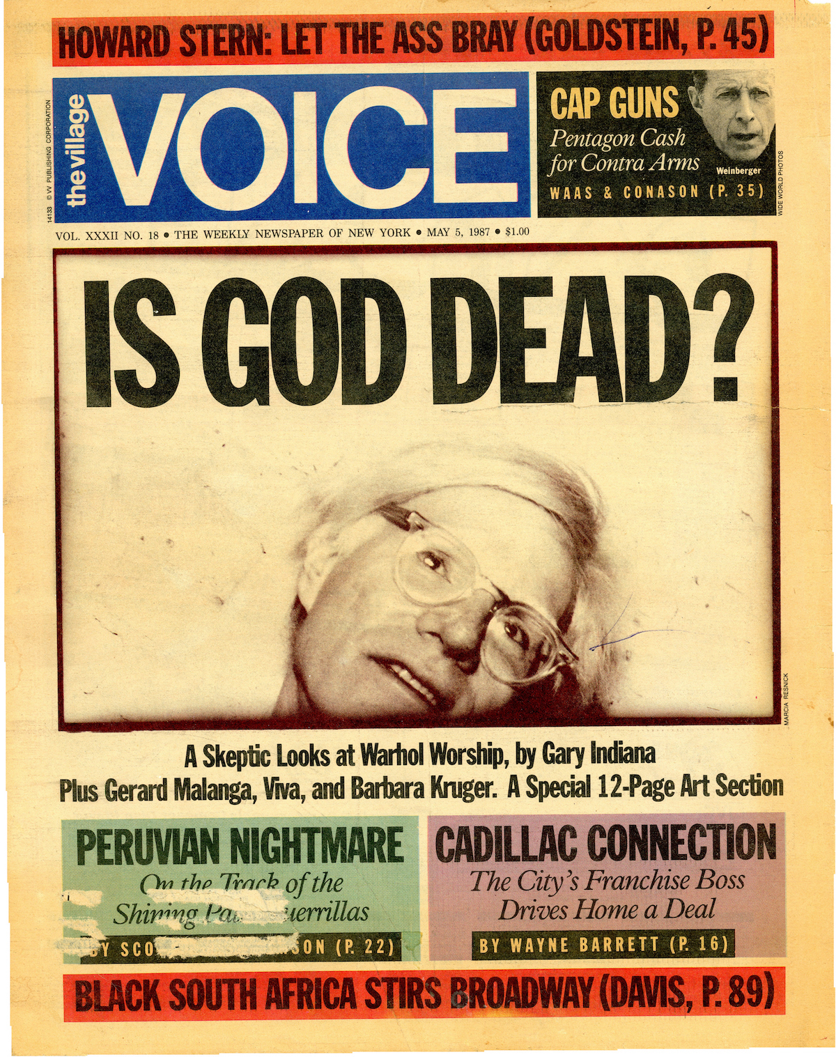 “Andy Warhol- Is God Dead?” Front-Page, Photo by Marcia Resnick, The Village Voice, 1987