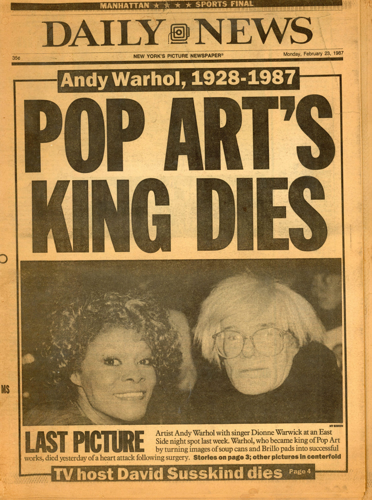 Andy Warhol, Pop Art’s King Dies, NY Daily News, Full Newspaper, 1987