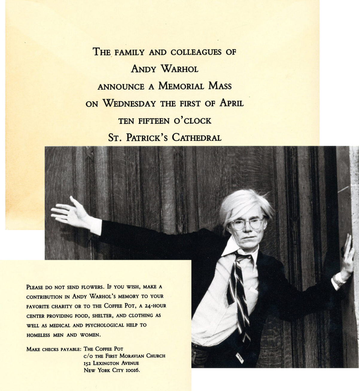 Christopher Makos, “Memorial Mass for Andy Warhol” (1981), Postcard, Organized by Brigid Berlin, Card with Invitation and Envelope, 1987