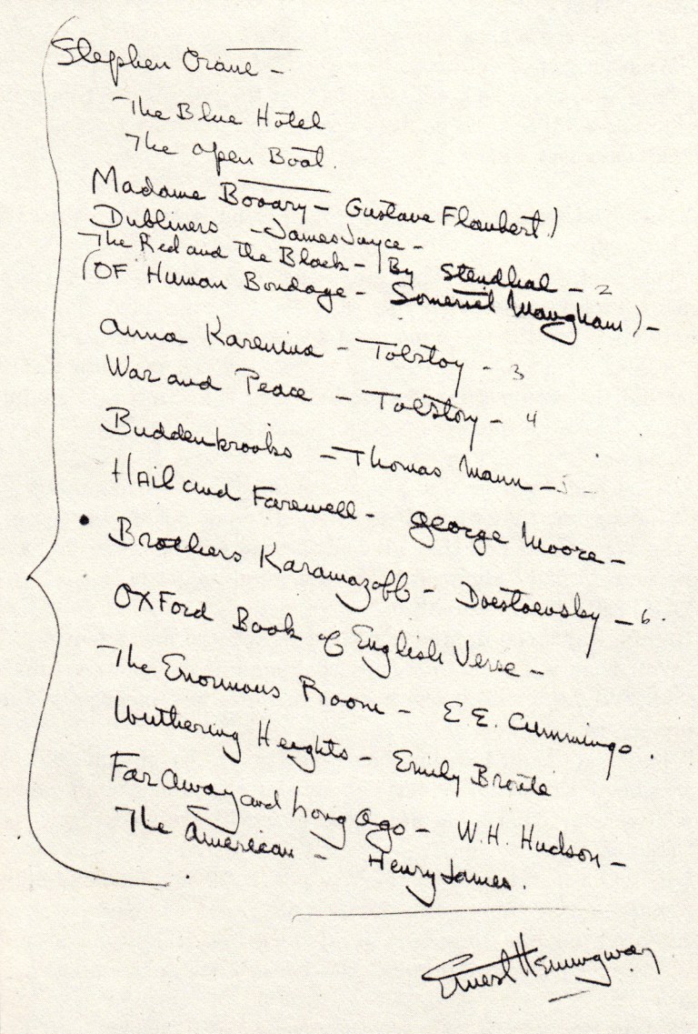 Ernest Hemingway's reading list for a young writer