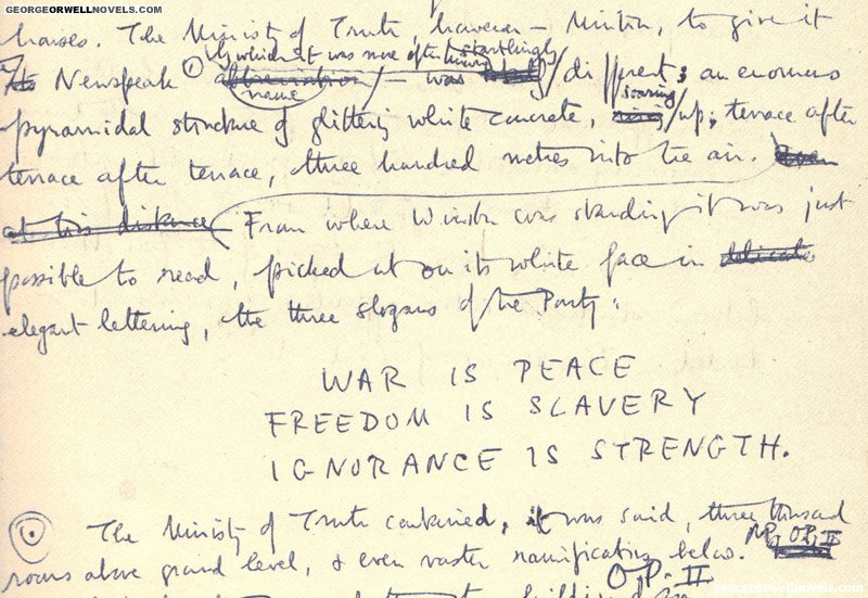 George Orwell's 1984 manuscript The three slogans of the Party- War is Peace Freedom is Slavery Ignorance is Strength