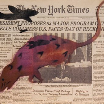 Christy Rupp, Reagan Rat, 1981. Spray paint on NY Times, February 19 ...