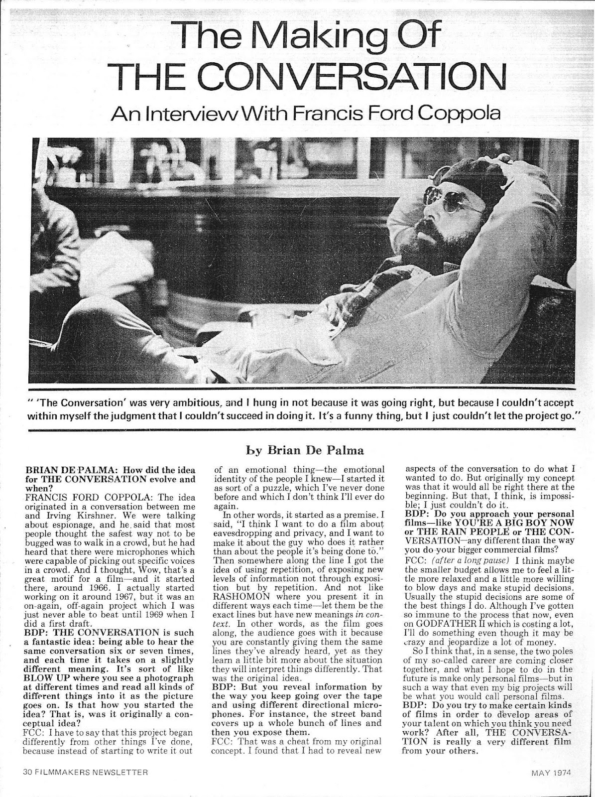 BRIAN DE PALMA interviews FRANCIS FORD COPPOLA (1974) From Filmmakers' Newsletter, May 1974 -- The Making of The Conversation- An Interview with Francis Ford Coppola by Brian De Palma