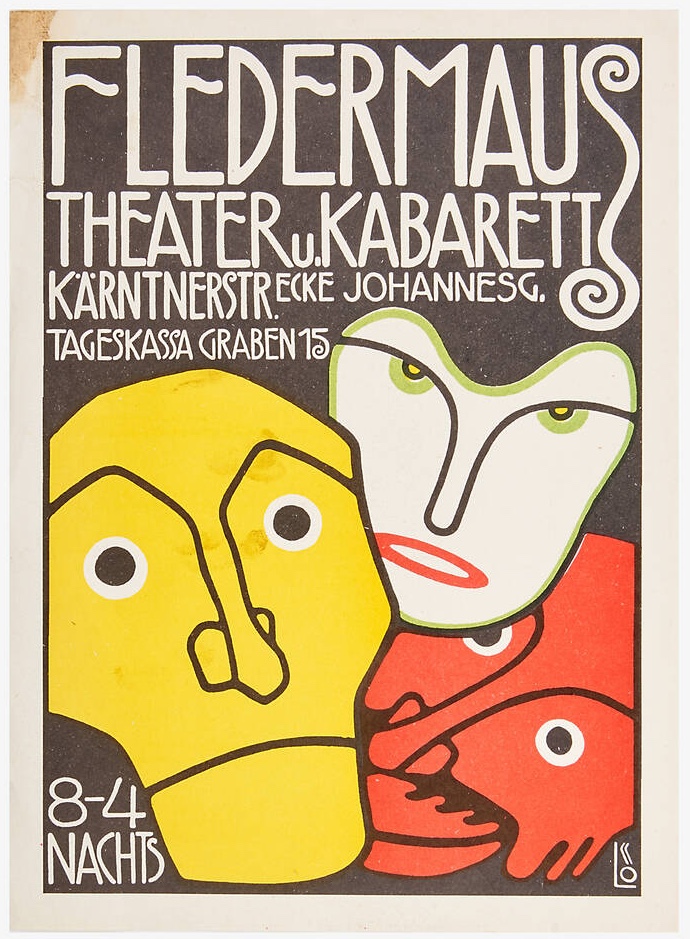 Bertold Loffler and Carl Otto Czeschkafollow artist "Three Masks" lithograph poster for Cabaret Fledermaus Wiener Werkstätte