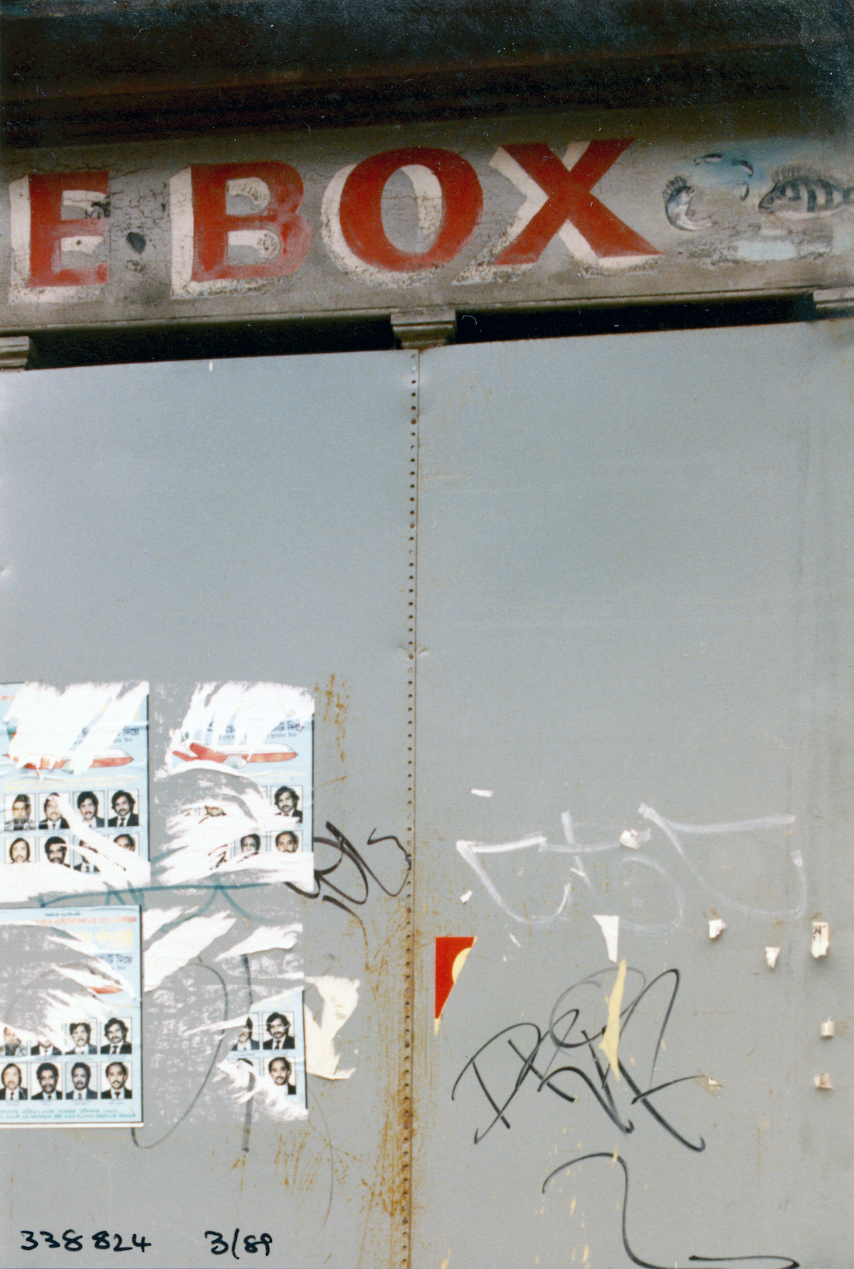 Torn posters, Sclater St, Spitalfields, Tower Hamlets, 1989