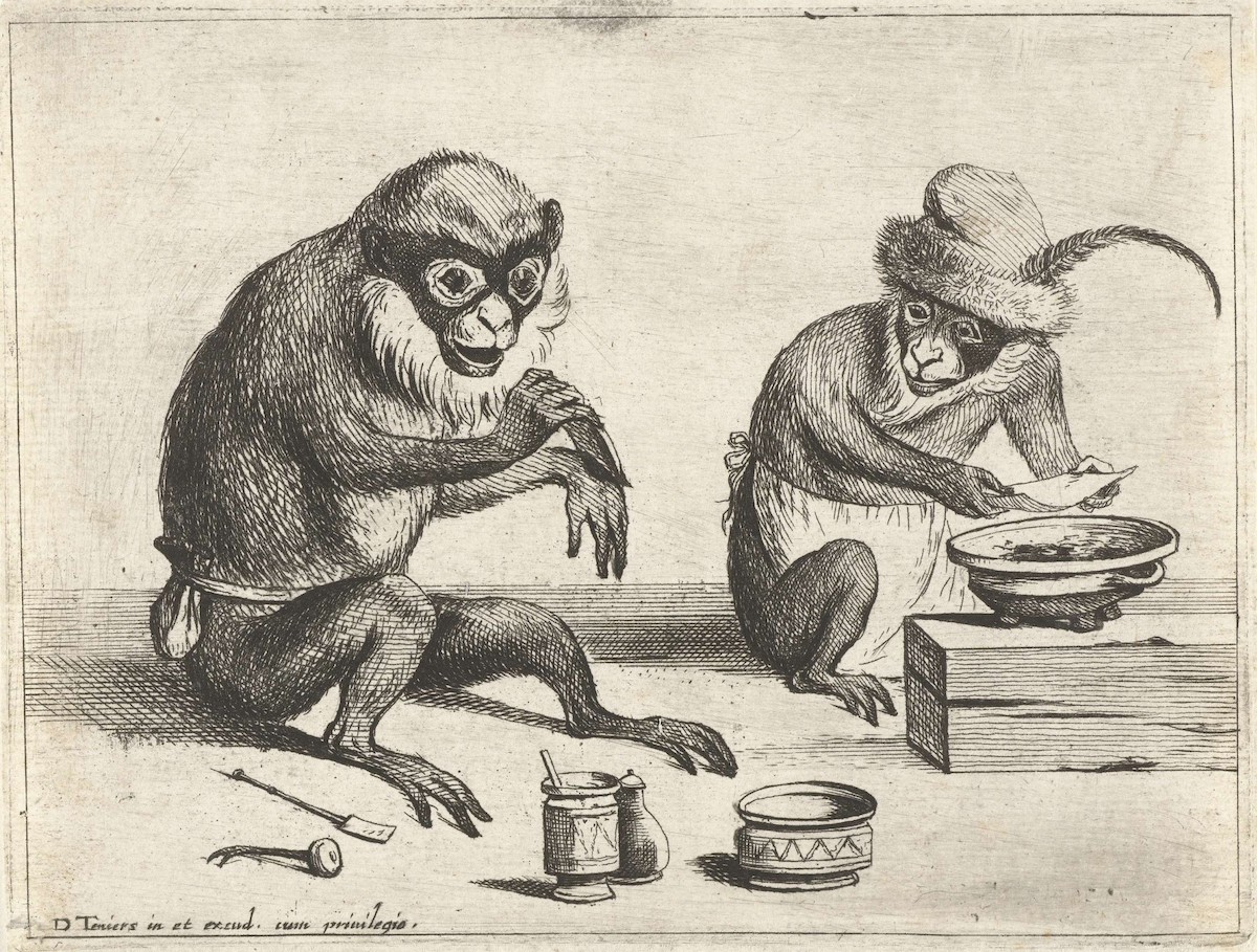 Various episodes of human life performed by monkeys