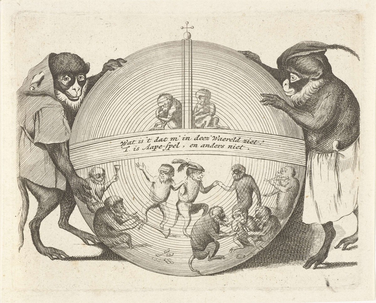 Various episodes of human life performed by monkeys
