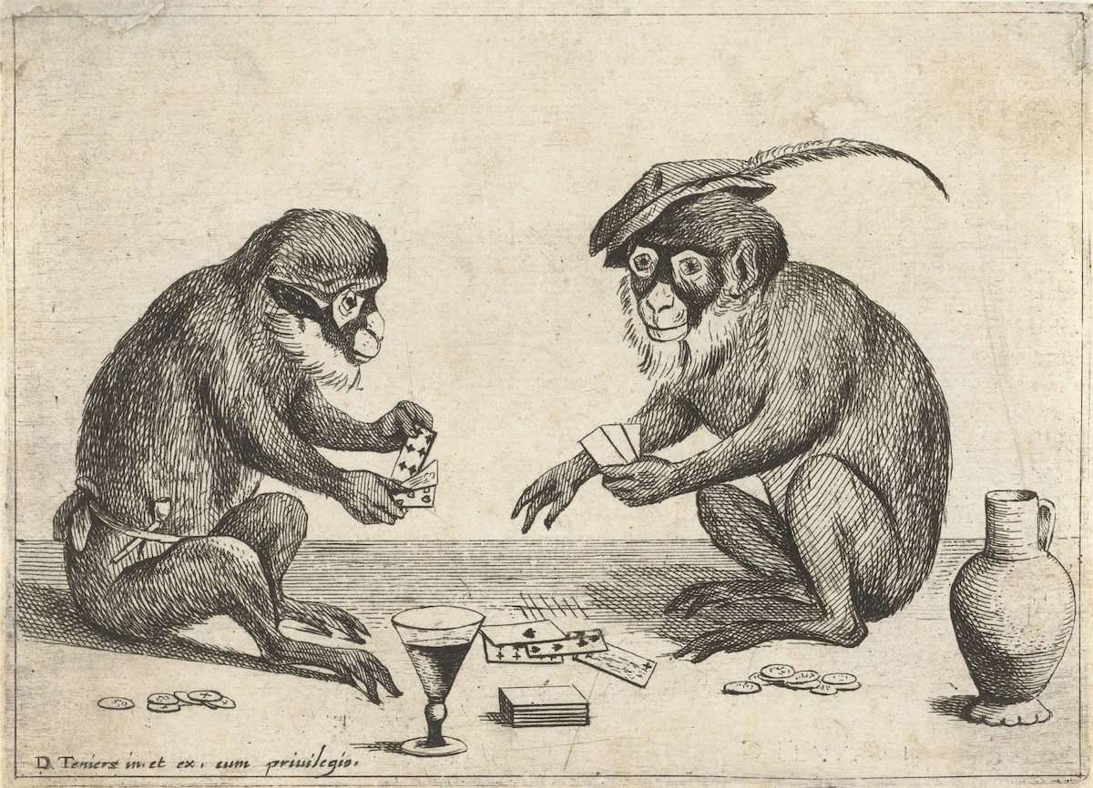 Various episodes of human life performed by monkeys