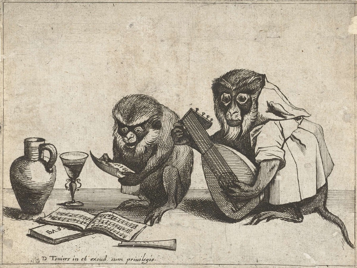 Various episodes of human life performed by monkeys