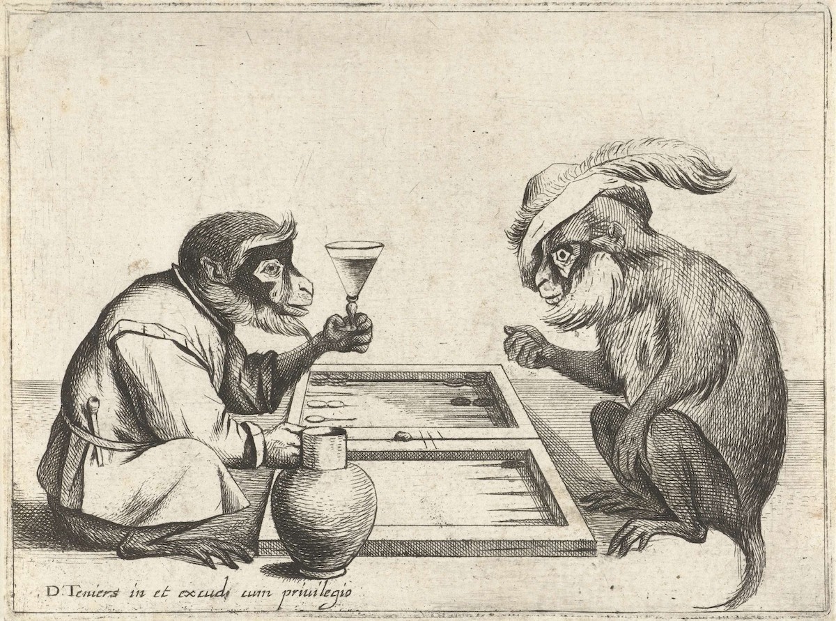 Various episodes of human life performed by monkeys
