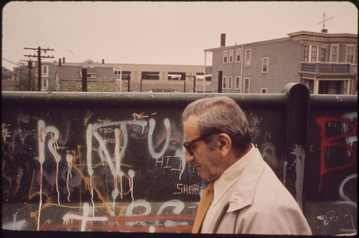 A Side of the MBTA (Metropolitan Boston Transit Authority) Pedestrian Bridge That Links the Split Segments of Neptune Road 05/1973