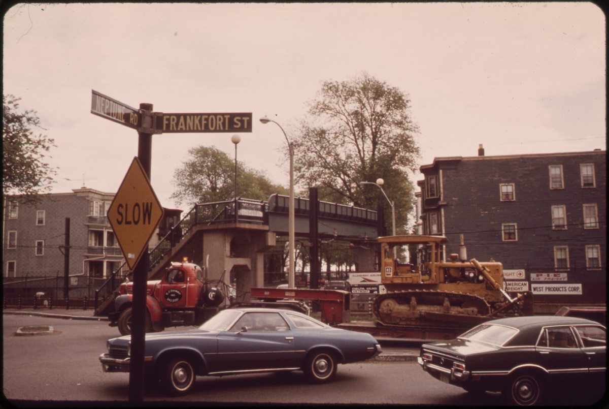 Neptune Road and Frankfort Street. MBTA (Metropolitan Boston Transit Authority) Pedestrian Bridge in Background Frankfort Street Provides Access to a Number of Airport and Air Industry Buildings 05/1973