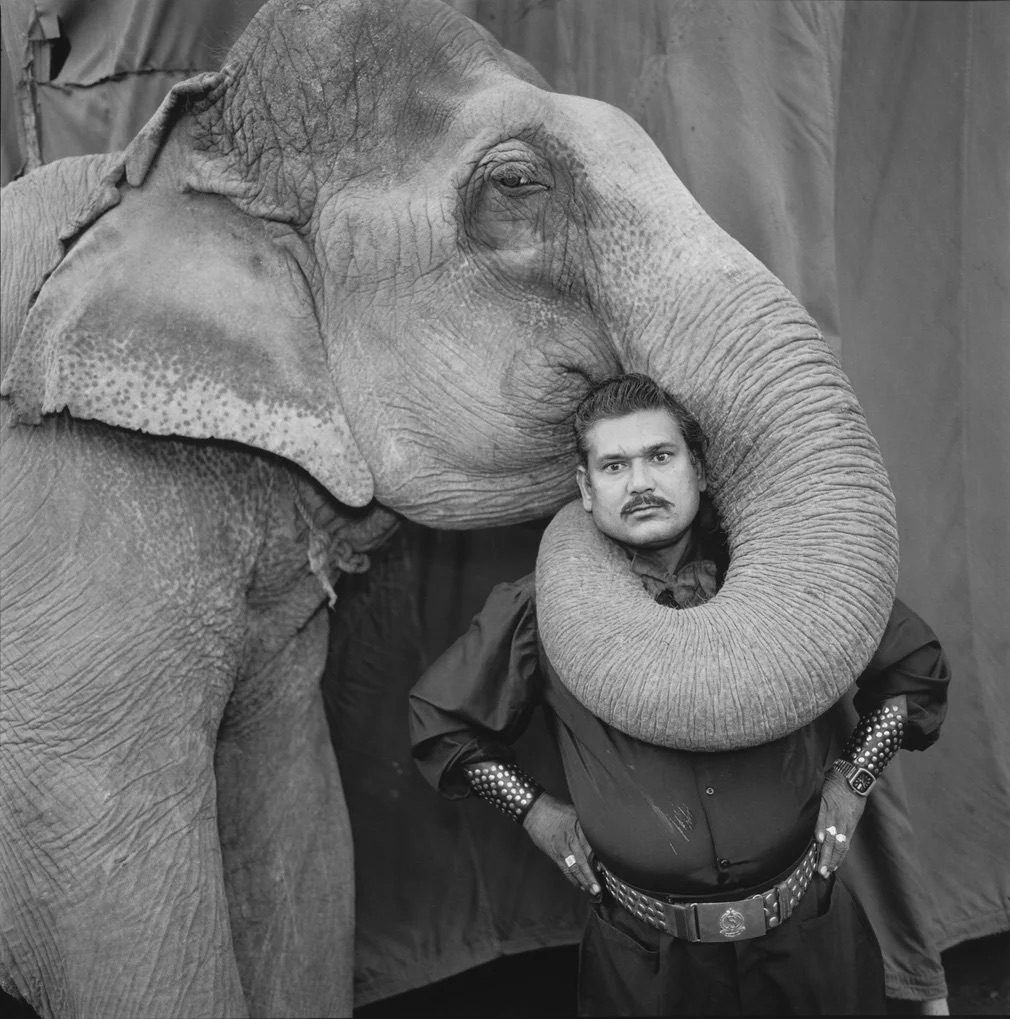 Ram Prakash Singh with his elephant Shyama, Great Golden Circus, Ahmedabad, India, 1990