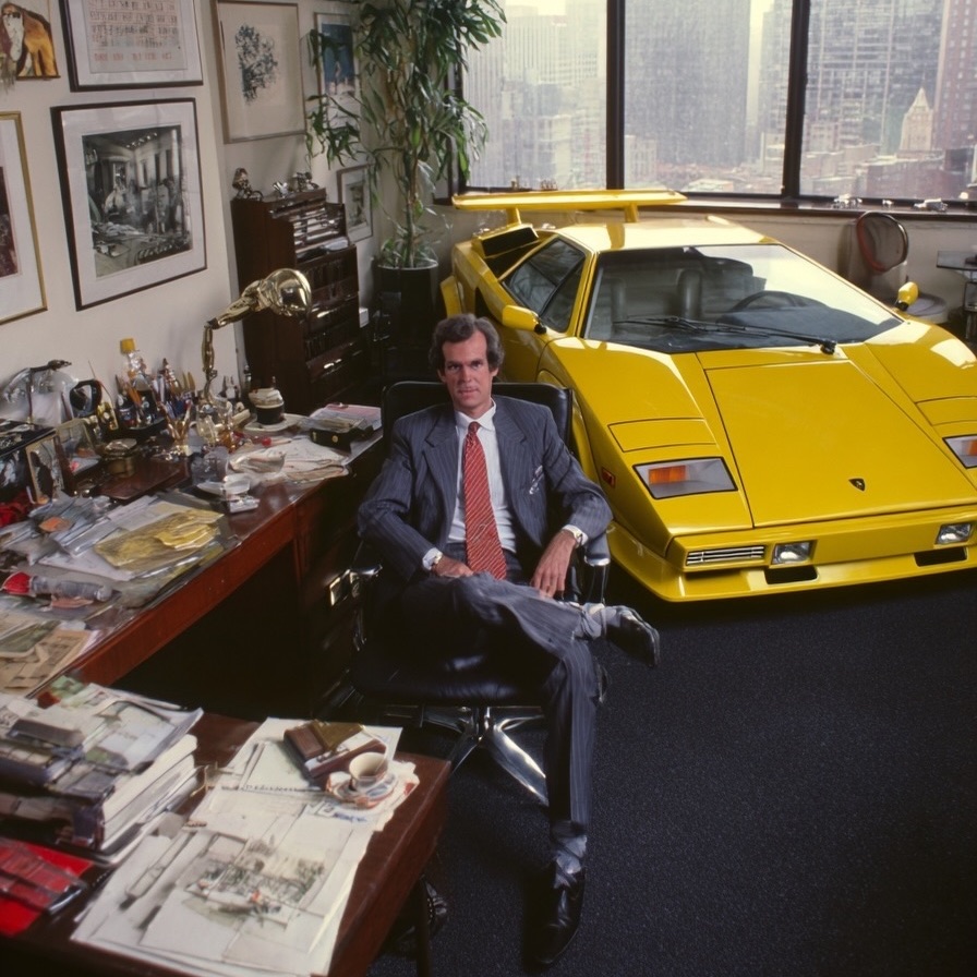 Wall Street Bankers In The Office With Their Cars – 1980s