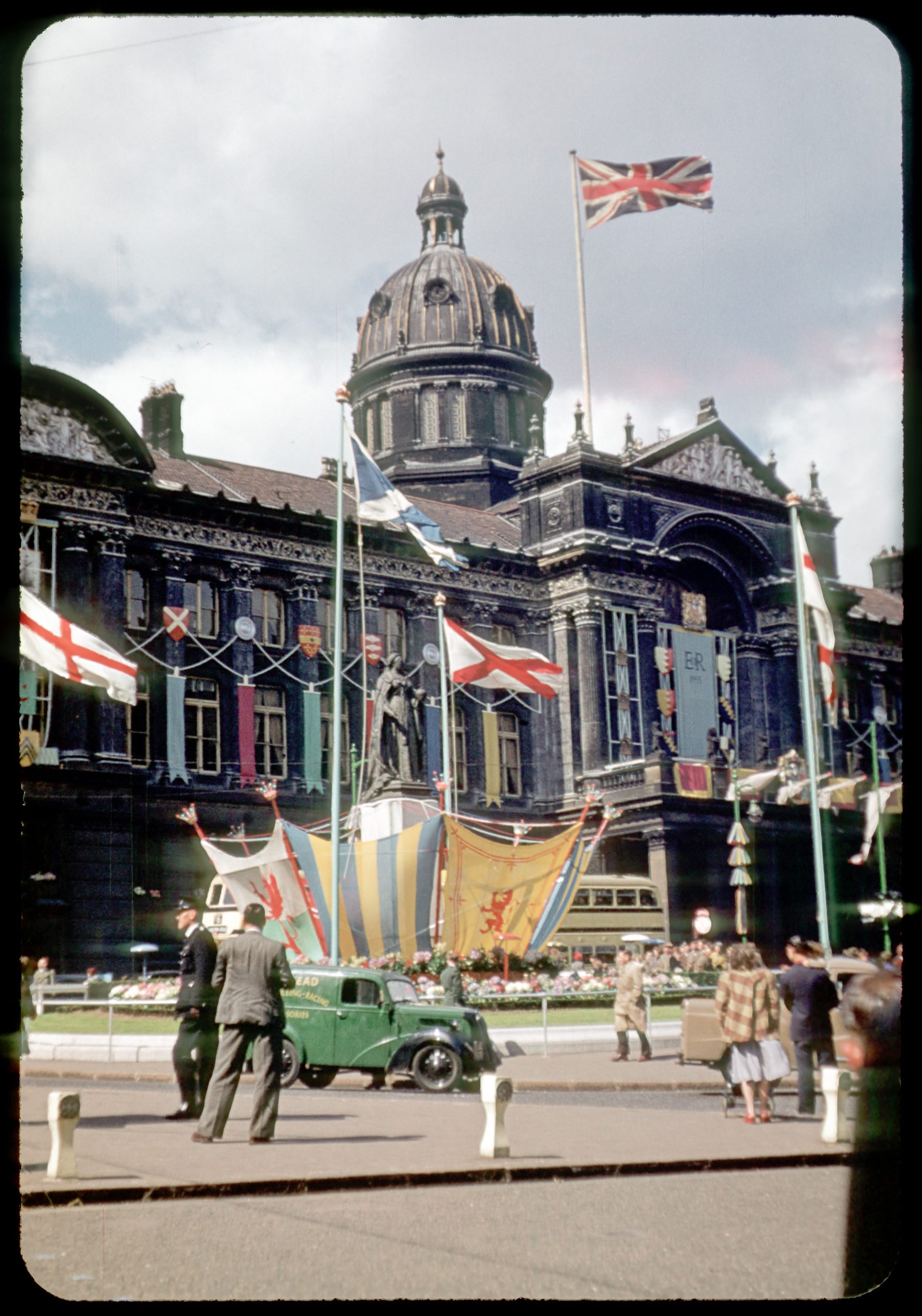 Photograph of the Council House (1874-79), Victoria Square, during the celebrations of the coronation of Queen Elizabeth II, in 1953.